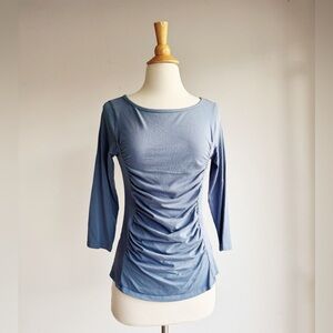 Sundance Ruched Side Knit Top Small Blue Cotton Stretch Fitted Tee